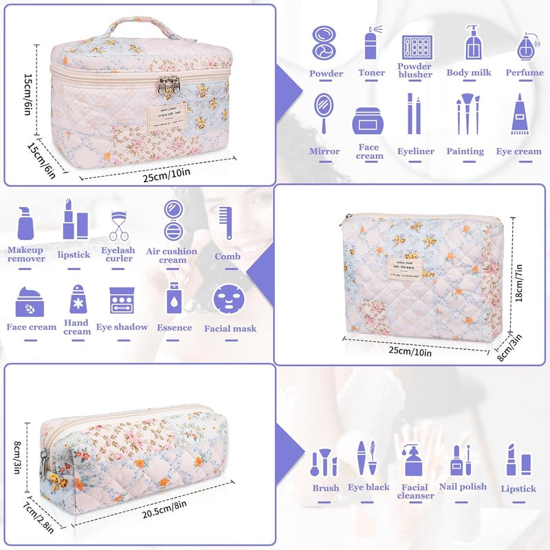 Gosect Makeup Bag Set, Quilted Makeup Bag, Large Floral Cosmetic Bag for Women, Cute Cotton Makeup Bags, Flower Travel Toiletry Organizer Bag (Folk Style) - Image 2
